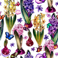Bright watercolor  hyacinths and butterflys. Seamless pattern. Spring and summer design for textile, fabric, wallpaper, background, packaging, wrapping paper, covers.