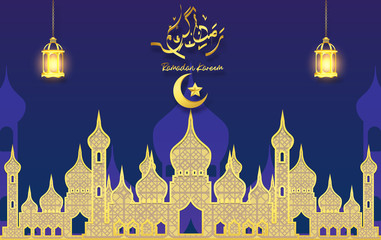 Ramadan Kareem celebration design with mosque and hand drawn calligraphy lettering on night cityscape background. Vector illustration.