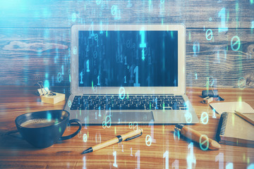 Double exposure of desktop with personal computer on background and tech theme drawing. Concept of Bigdata.