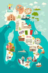 Italy map vector. Illustrated map of Italy for children/kid. Cartoon abstract atlas of Italy with landmark and traditional cultural symbols. Travel attraction icon