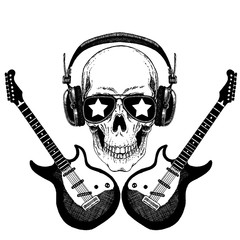Vector skull in headphones with guitars. Logo for shirt, musical online school, internet education, tattoo, poster.