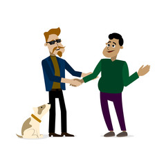 Flat illustration. A guy with glasses with a dog shakes hands with his friend when they meet.