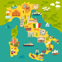 Italien-Plakat. Cartoon-Karte von Italien für Kinder/Kinder. Italienische Wahrzeichen Vektor süßes Poster. Illustrierte Karte. Italienischer Mozzarella und Pizza, Reiseattraktionen und Sehenswürdigkeiten