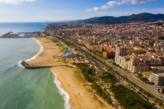 Aerial view of Mataro with buildings and coast line