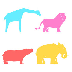 Set of multi-colored african animals in different poses, lions and hippos, elephants and giraffes, vector illustration