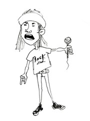 hand drawn cartoon character of young funny cute man rock star standing and singing isolated on white