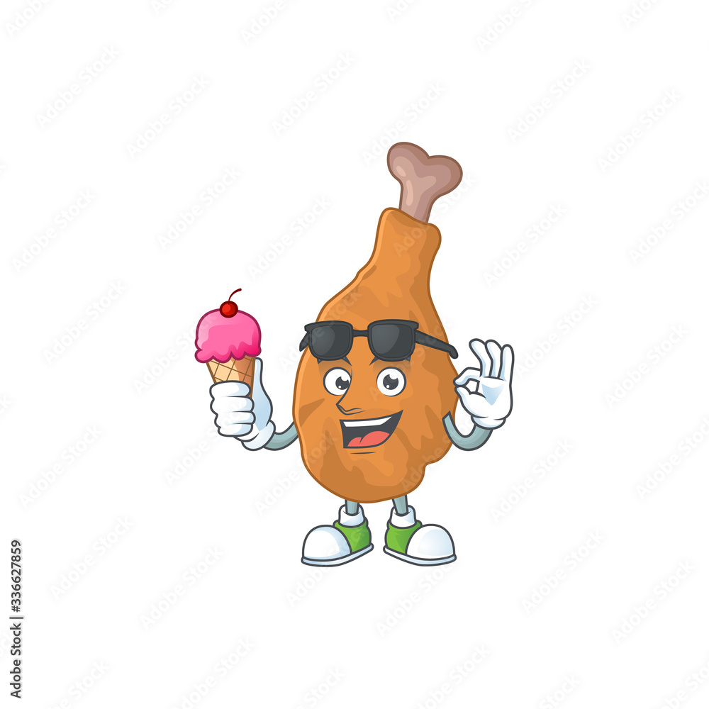 Sticker cute fried chicken cartoon character enjoying an ice cream