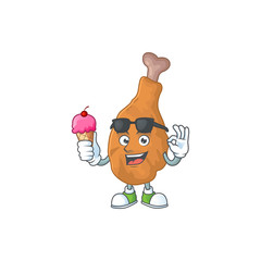 Cute fried chicken cartoon character enjoying an ice cream