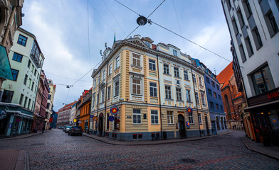 Fototapeta na wymiar Riga, Latvia - March 03, 2020: Cozy and cute streets of the Old Town