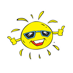 Cute cartoon sun in glasses on white background. Great character for summer illustration. 