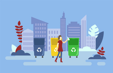 Zero Waste, Save Planet And Recycling Concept. Volunteer Woman Is Throwing Trash Into Container With Recycling Sign. Young Female Character Is Sorting Garbage. Cartoon Flat Style. Vector Illustration