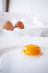 Egg yolk on a white plate against the background of egg packaging