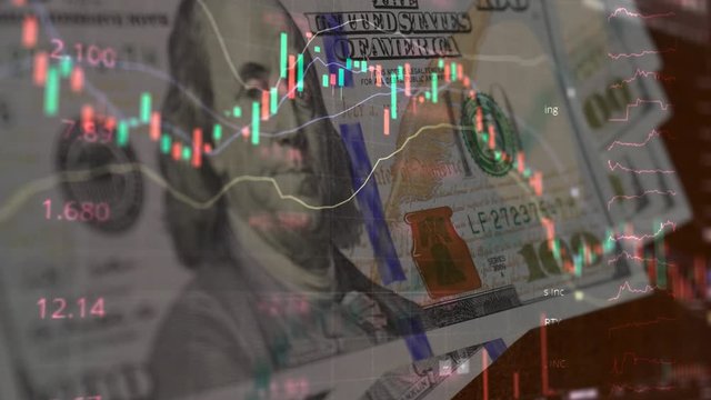 Coronavirus stock market crisis concept. Flashing red light. Concept of financial stagnation, recession, crisis, business crash and economic collapse. Lightning strike, Storm. 100 dollar bills.