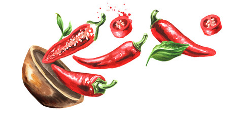 Bowl with red hot chili pepper, whole pods, chopped, halved, and sliced. Hand drawn watercolor illustration  isolated on white background - obrazy, fototapety, plakaty