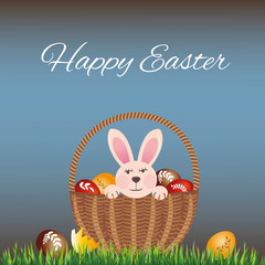 Happy Easter card with basket, bunny and decorated eggs on the grass
