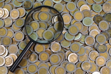 Thailand Ten Baht Coin Look through the magnifying glass View from above