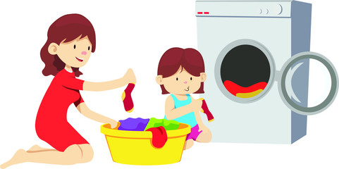 Mother teach her daughter to do laundry during study at home activity
