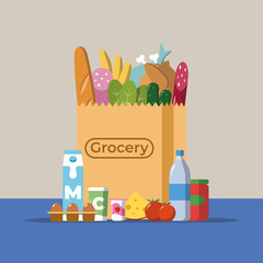 Flat design colored vector illustration of food and drink products falling down into paper bag, concept for retail.
