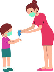 Mother help her son to use hand sanitizer illustration
