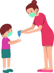 Fototapeta premium Mother help her son to use hand sanitizer illustration 