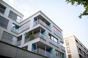 Facade of a new building. House. Rental of property. Building without people