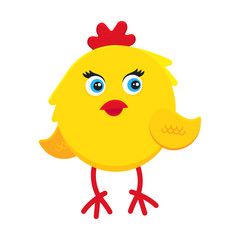 Cute funny little chick chiken hen cartoon flat style design vector illustration isolated on white background. Funny yellow chicken standing up on the ground.
