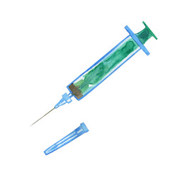 Syringes with cap isolated on white background. Watercolor hand drawing illustration for medical posts, icon, prints, pattern, banner.