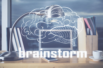 Desktop computer background in office and start up theme hologram drawing. Double exposure. Startup concept.