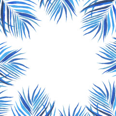 Fototapeta na wymiar Frame square of tropical blue leaf or frond isolated on white background. Watercolor hand drawing illustration of floral texture. Bright summer design perfect for banner, invitation, wedding card.