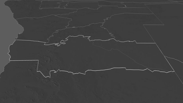 Hardap, region with its capital, zoomed and extruded on the bilevel map of Namibia in the conformal Stereographic projection. Animation 3D