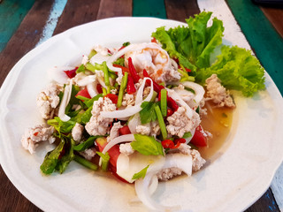 Shrimp vermicelli salad with chopped chicken Salad in white plate