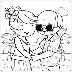 Elderly couple at a tropical beach on an island vacation. Vector black and white coloring page