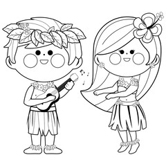 Hawaiian children playing music and hula dancing. Vector black and white coloring page