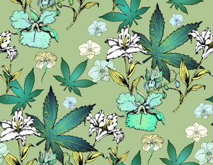 Pattern of cannabis and fantastic flowers..  Vector illustration. Seamless pattern. Vector illustration. Suitable for fabric, wrapping paper and the like