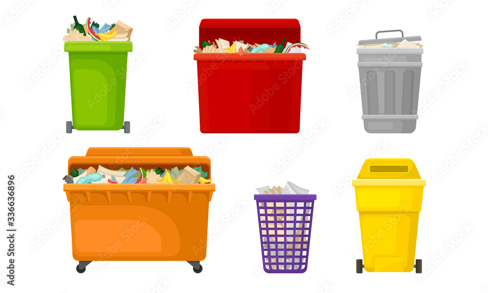 Poster trash bins and sacks full with refuse and garbage vector set