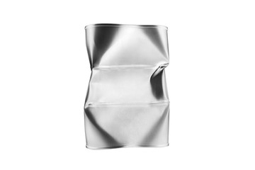 Crumpled silver metal barrel white background isolated closeup, dented oil drum, crushed steel keg, battered tin food can, squashed aluminium cask, wrinkled container, broken packaging, waste, garbage