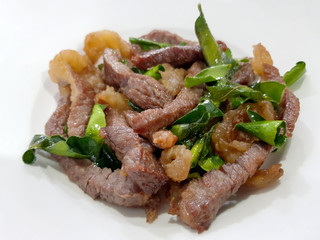 Neur Dad Diew (Thai Fried Sun Dried Beef) with kaffir lime leaves