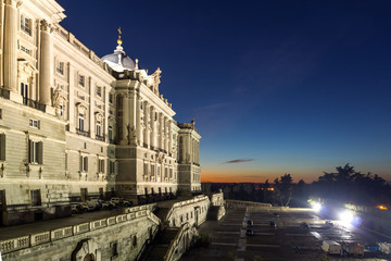 Night view of the facade of the Royal Palace of Madrid