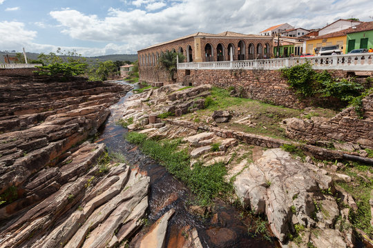 Colorful cobblestone colonial buildings Lencois riverbank city center 