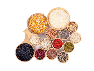 Cereal grains , seeds, beans on wooden background