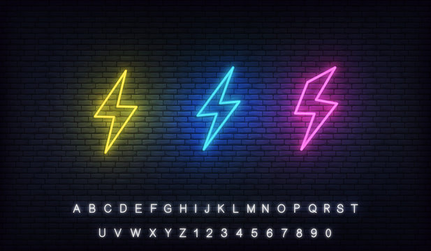 Energy neon. Sign of lightning bolt, thunder and electricity