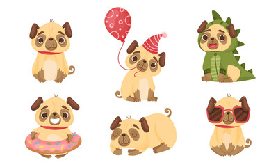 Cute Pug-dog Puppy Wearing Dinosaur Costume and Holding Balloon Vector Set