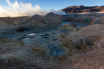 Uyuni, Bolivia. mud geysers on bolivian altiplano sunrise 