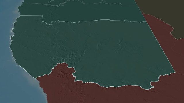 Karas, region with its capital, zoomed and extruded on the administrative map of Namibia in the conformal Stereographic projection. Animation 3D