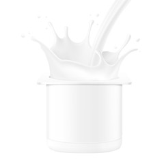 Yogurt packaging mockup with milk splashes. Vector illustration isolated on white background. Ready for use in your design. EPS10.	