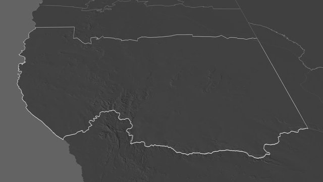 Karas, region with its capital, zoomed and extruded on the bilevel map of Namibia in the conformal Stereographic projection. Animation 3D