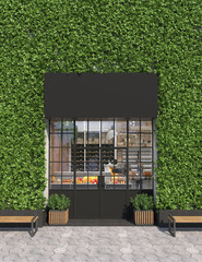 Vertical gardening facade of a store or cafe with glass entrance doors. Free space for signage. Facade is overgrown with curly ivy. Modern green architecture. Copy space. 3D rendering.