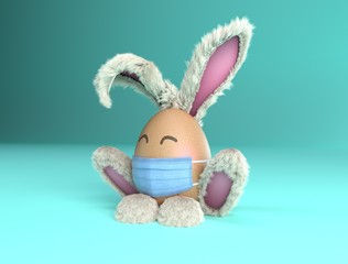 An easter egg bunny with a medical protection mask for the corona virus