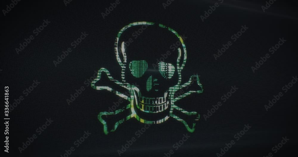 Poster skull is created on a tv screen from millions of pixels. laughing skull on monitor. the screen is sw
