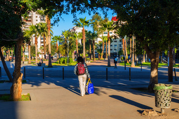 Street scene with people and palm trees in Casablanca, Morocco